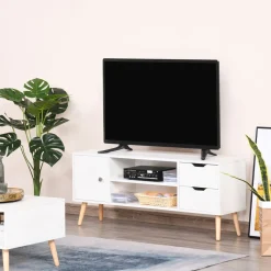 Mueble bajo de TV Sybil Homcom con estantes abiertos blanco 44x120x28 cm