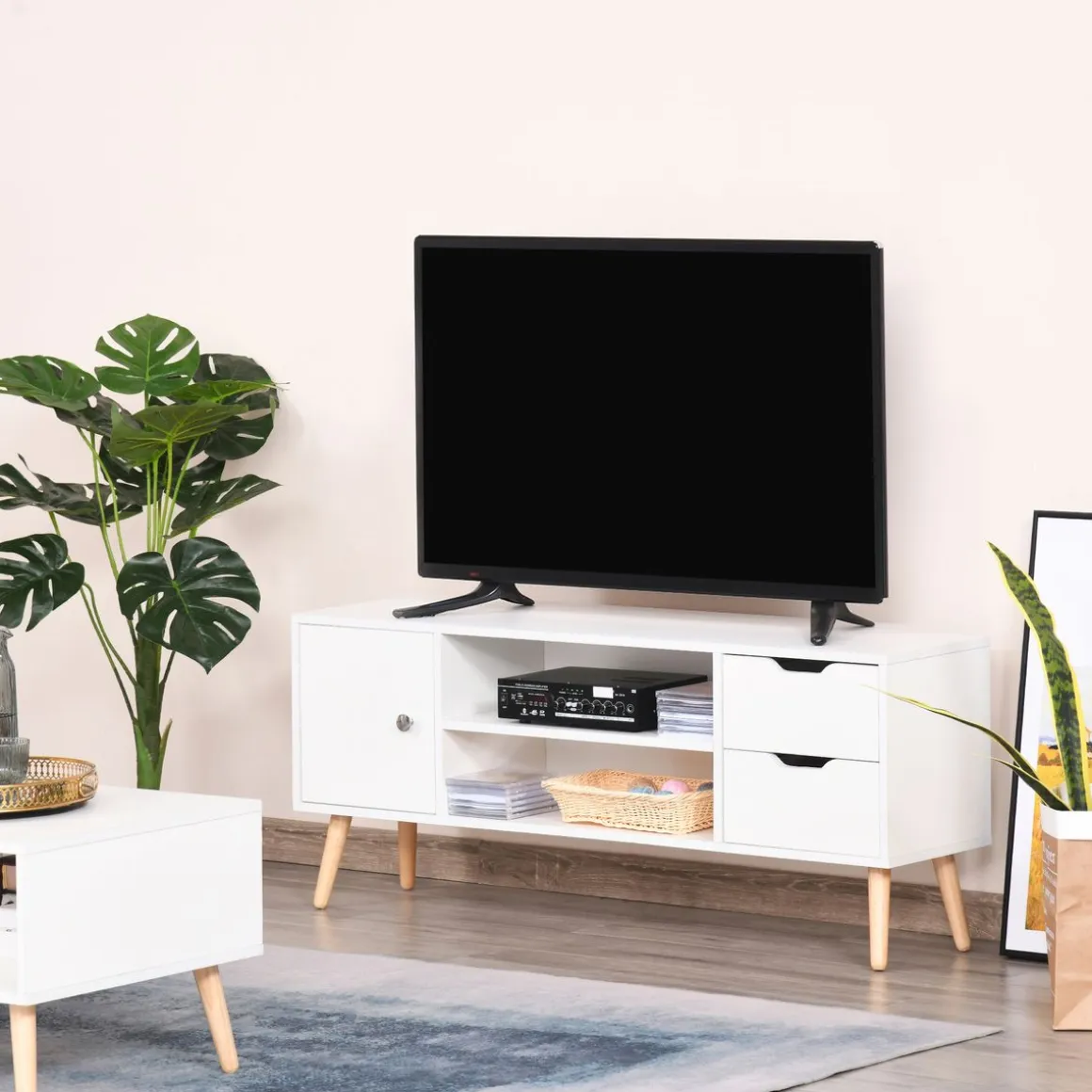 Mueble bajo de TV Sybil Homcom con estantes abiertos blanco 44x120x28 cm