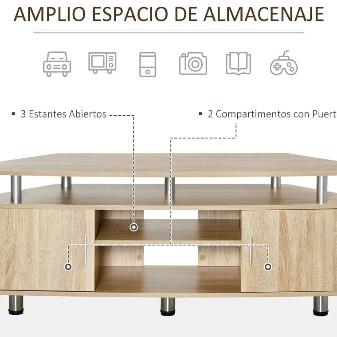 Mueble bajo TV Homcom 2 armarios+2 huecos natural 52x120x39,5 cm
