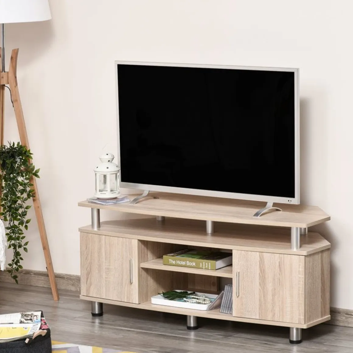 Mueble bajo TV Homcom 2 armarios+2 huecos natural 52x120x39,5 cm