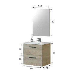 Mueble de baño Athena 2 cajones + espejo roble 60 cm