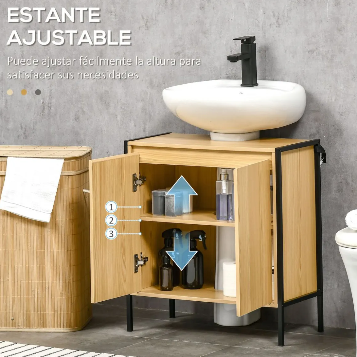 Mueble de baño Colmar Kleankin 2 puertas + 2 estantes natural/negro 65,2x60x30 cm