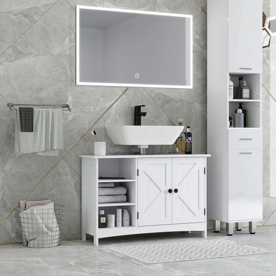 Mueble de baño Farm Kleankin 2 puertas + 3 estantes abiertos blanco 60x90x30 cm
