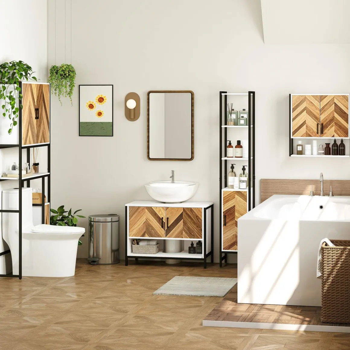 Mueble de baño Kitte Homcom 2 puertas y un compartimento blanco/natural 60x80x40 cm