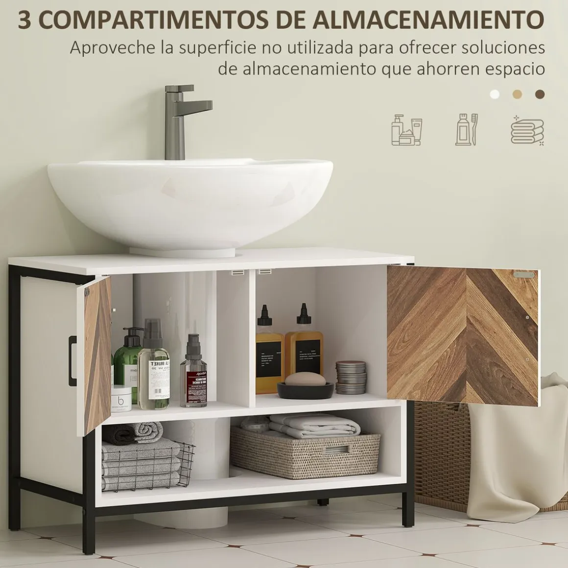 Mueble de baño Kitte Homcom 2 puertas y un compartimento blanco/natural 60x80x40 cm