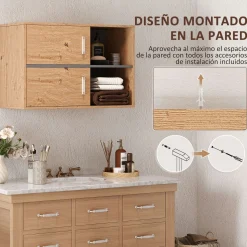 Mueble de baño Loira Homcom 2 puertas con 2 compartimentos natural 57,5x80x35 cm