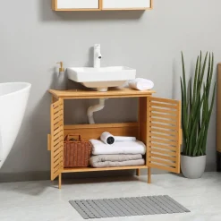 Mueble de lavabo Covadonga Kleankin 2 puertas bambú natural 61,5x66x29 cm