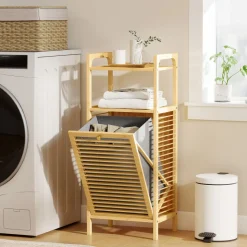 Mueble de ropa sucia Libra Homcom cesto abatible con estante natural 95x40x30 cm