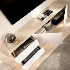 Mueble de TV Bari 2 cajones con armario doble blanco/natural 50,1x129x39,2 cm