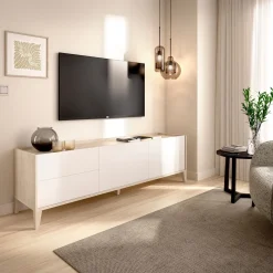 Mueble de TV Bari 2 cajones con armario doble blanco/natural 50,1x129x39,2 cm
