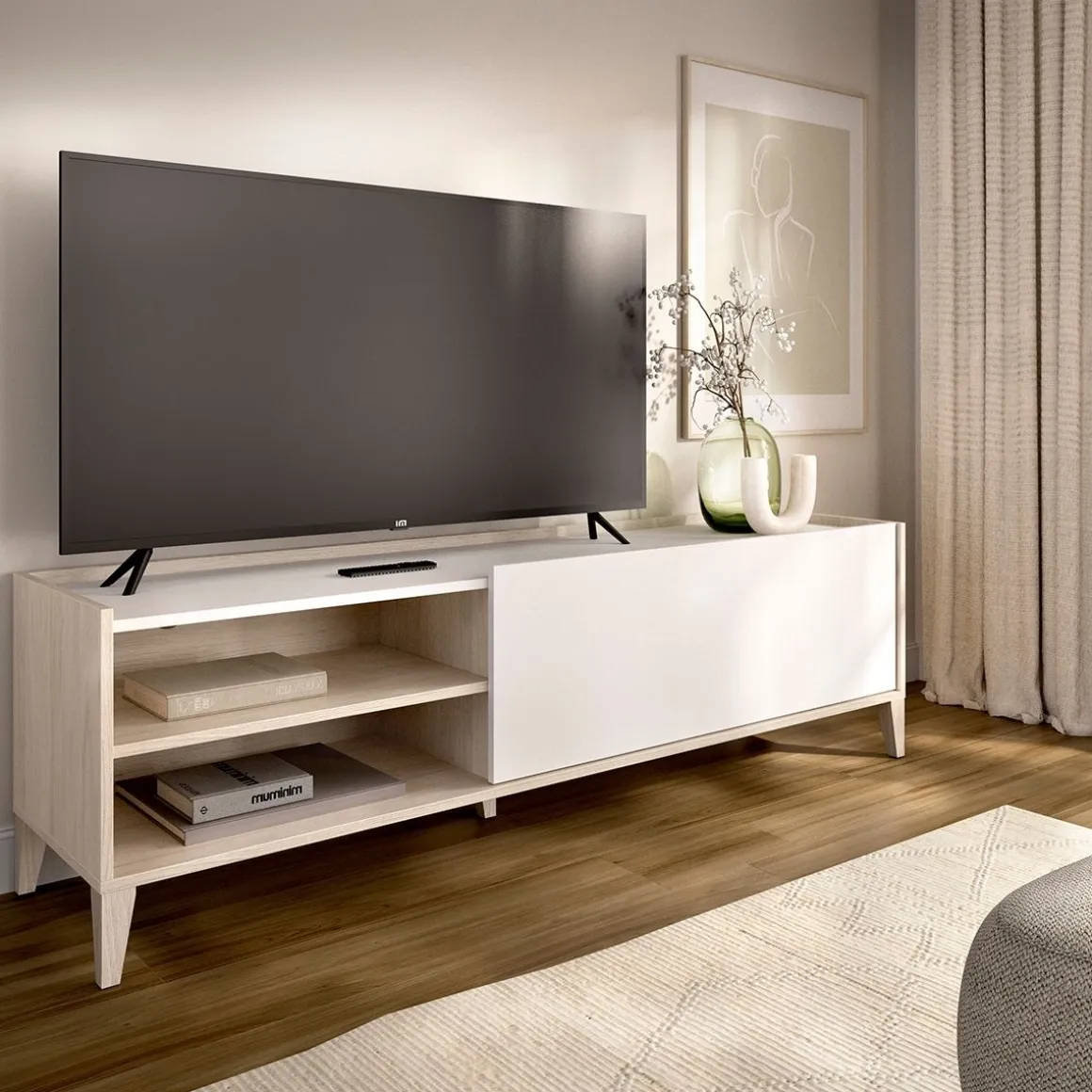 Mueble de TV Bari puerta abatible con 2 compartimentos blanco/natural 47,1x155,3x42,5 cm