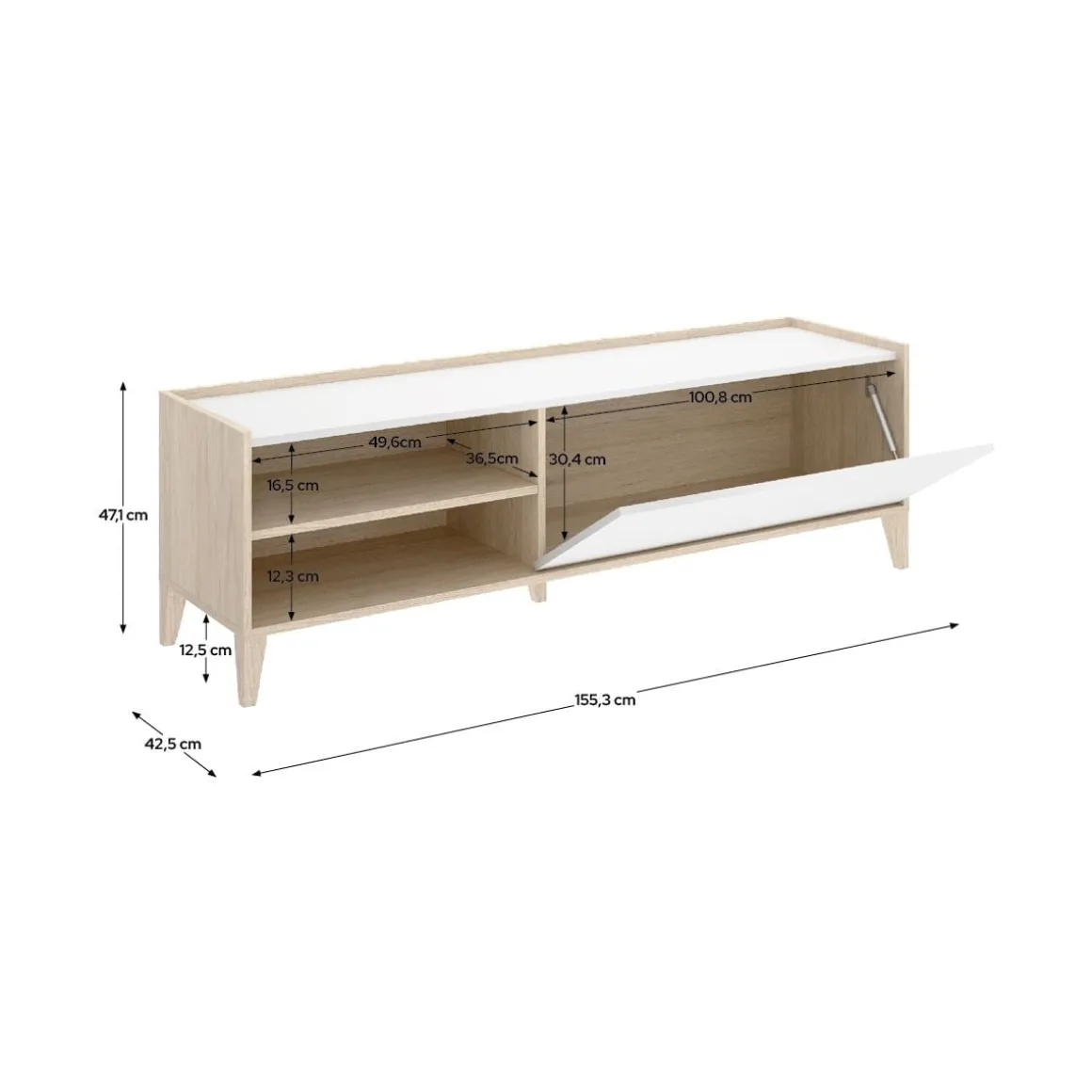 Mueble de TV Bari puerta abatible con 2 compartimentos blanco/natural 47,1x155,3x42,5 cm