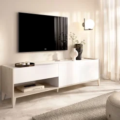 Mueble de TV Bari un cajón con armario y compartimento blanco/natural 50,1x150x39,2 cm