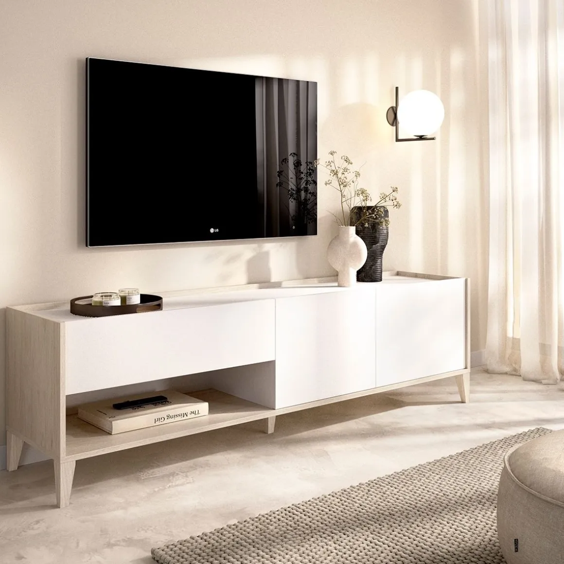 Mueble de TV Bari un cajón con armario y compartimento blanco/natural 50,1x150x39,2 cm