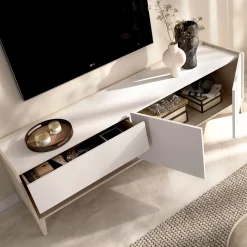 Mueble de TV Bari un cajón con armario y compartimento blanco/natural 50,1x150x39,2 cm