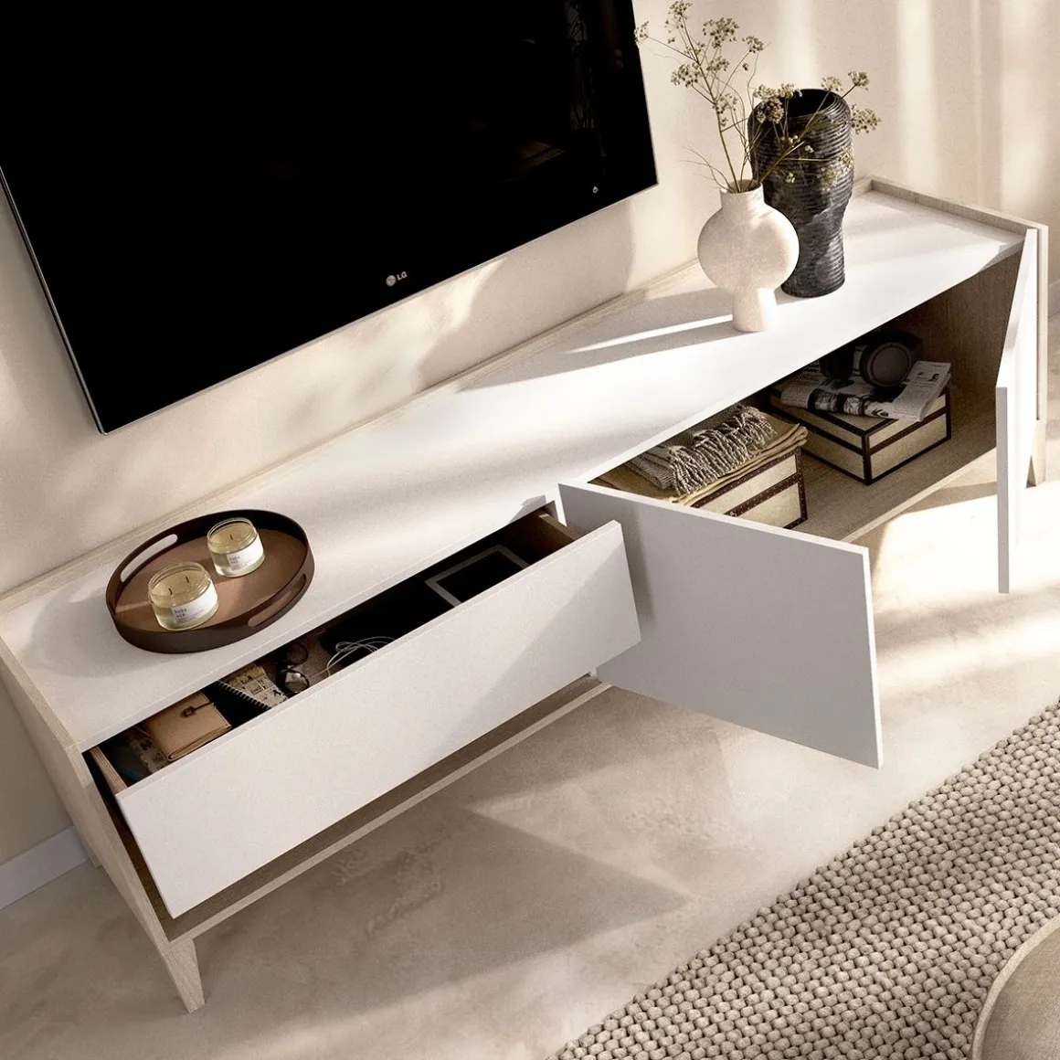Mueble de TV Bari un cajón con armario y compartimento blanco/natural 50,1x150x39,2 cm