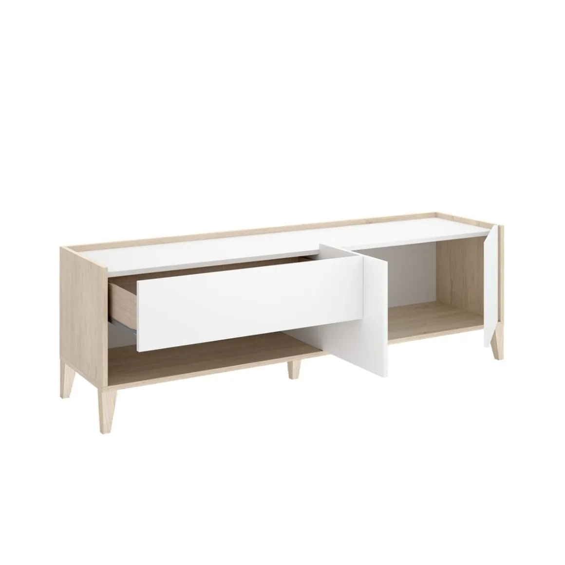 Mueble de TV Bari un cajón con armario y compartimento blanco/natural 50,1x150x39,2 cm