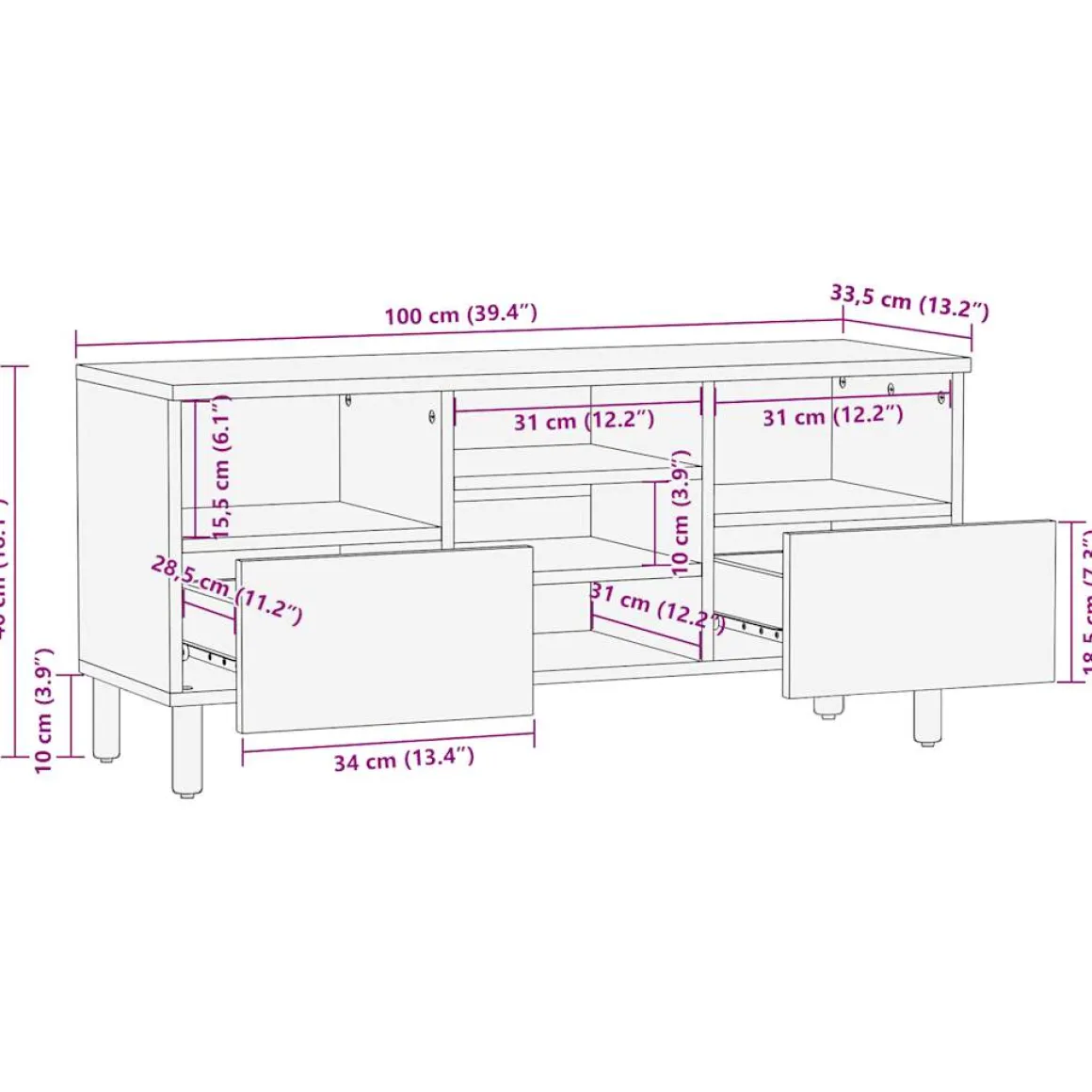 Mueble de TV Chalca 5 compartimentos + 2 cajones negro/natural 46x100x33,5 cm