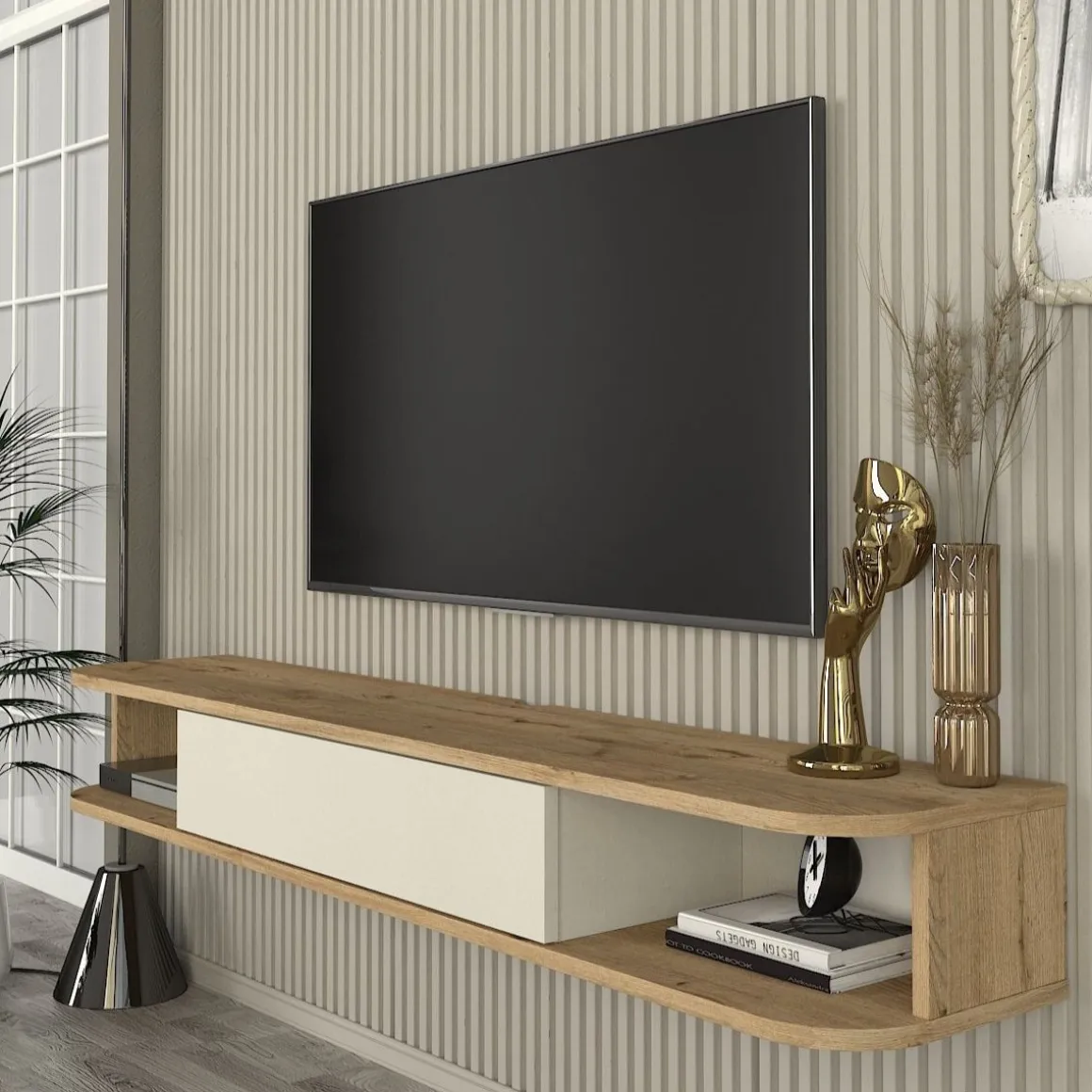 Mueble de TV Cross 1 puerta + 2 compartimentos abiertos natural/blanco 19,2x150x29,6 cm