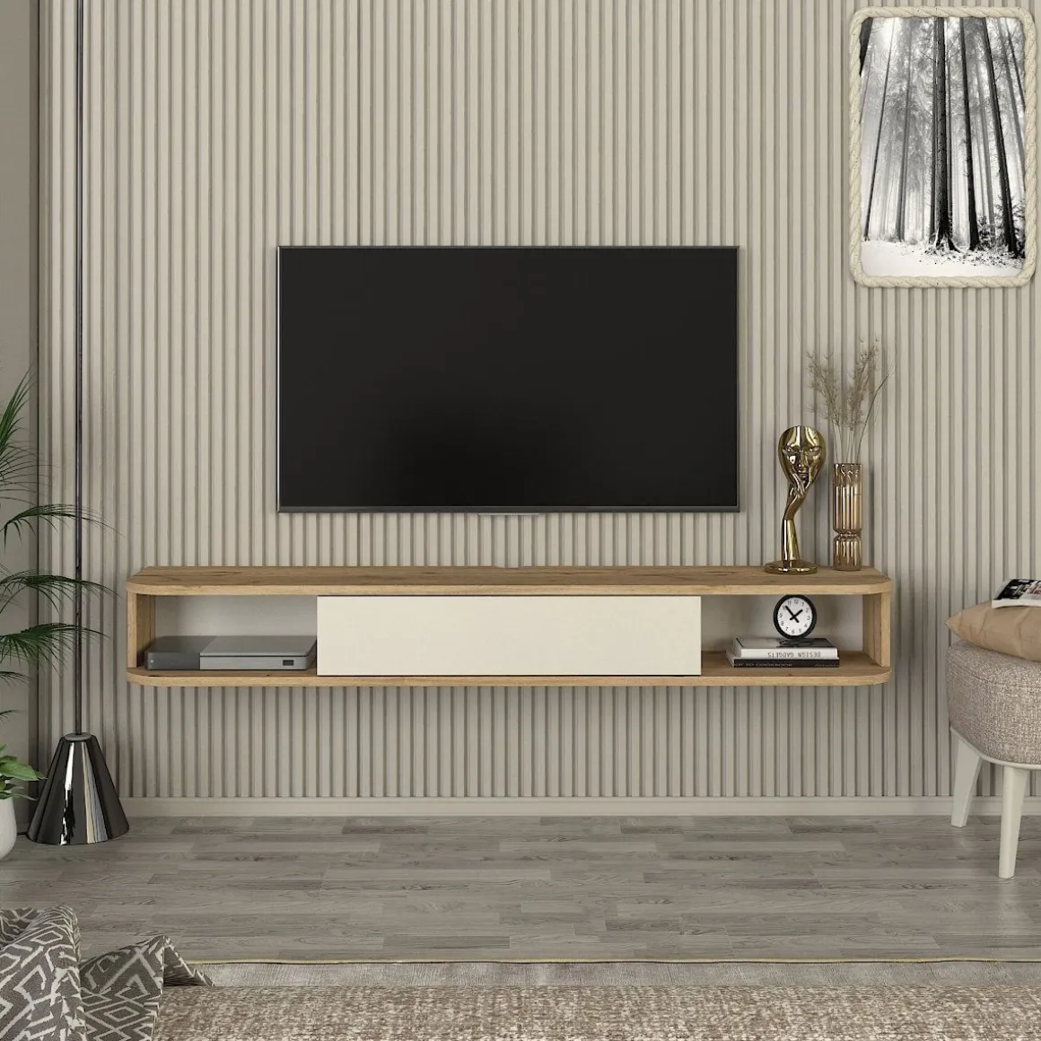 Mueble de TV Cross 1 puerta + 2 compartimentos abiertos natural/blanco 19,2x150x29,6 cm