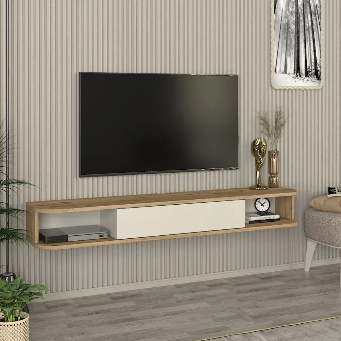 Mueble de TV Cross 1 puerta + 2 compartimentos abiertos natural/blanco 19,2x150x29,6 cm