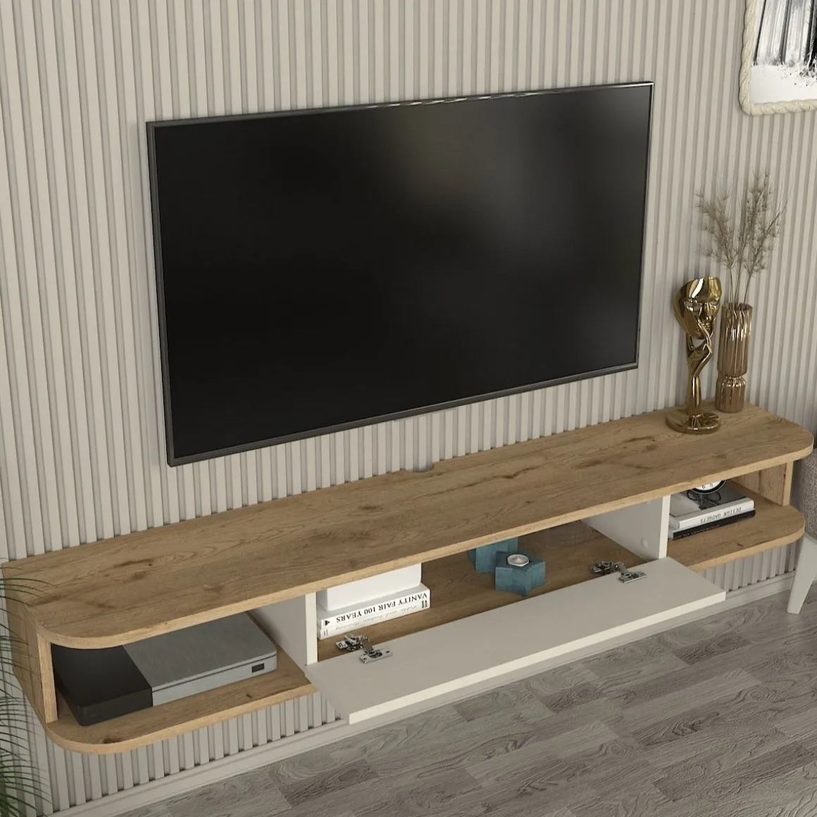 Mueble de TV Cross 1 puerta + 2 compartimentos abiertos natural/blanco 19,2x150x29,6 cm