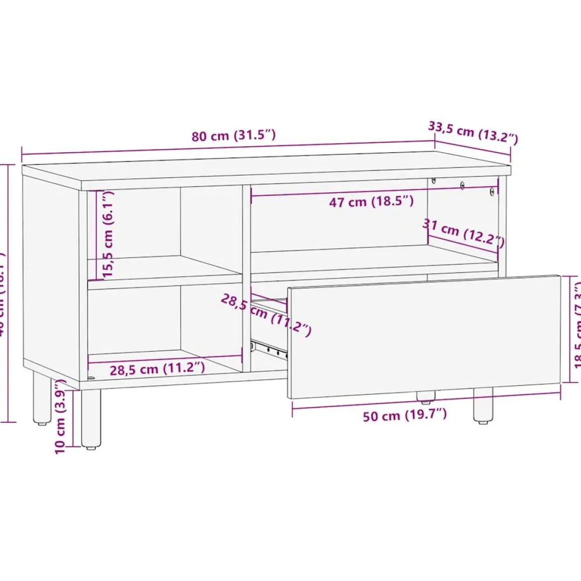 Mueble de TV Etniko 3 compartimentos + 1 cajón negro/natural 46x80x33,5 cm