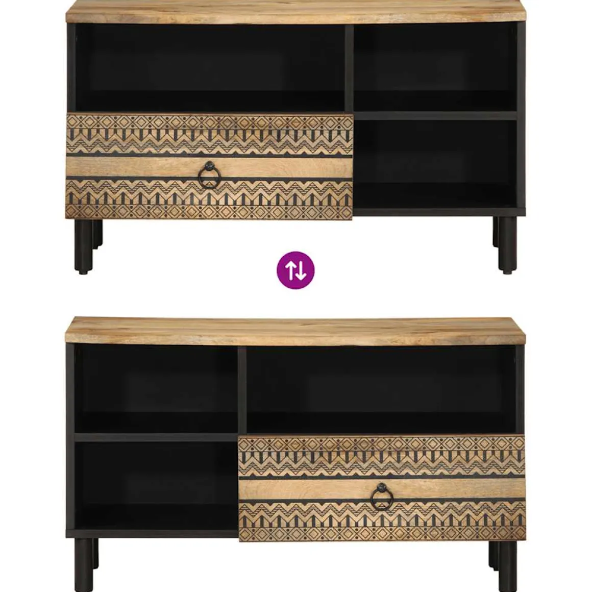 Mueble de TV Etniko 3 compartimentos + 1 cajón negro/natural 46x80x33,5 cm