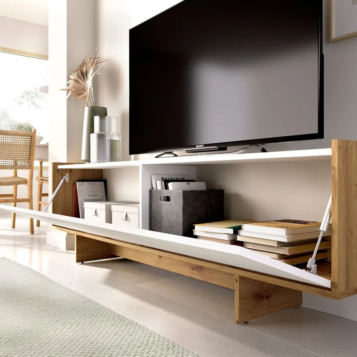 Mueble de TV Ka puerta abatible blanco/natural 49,6x150x30,3 cm