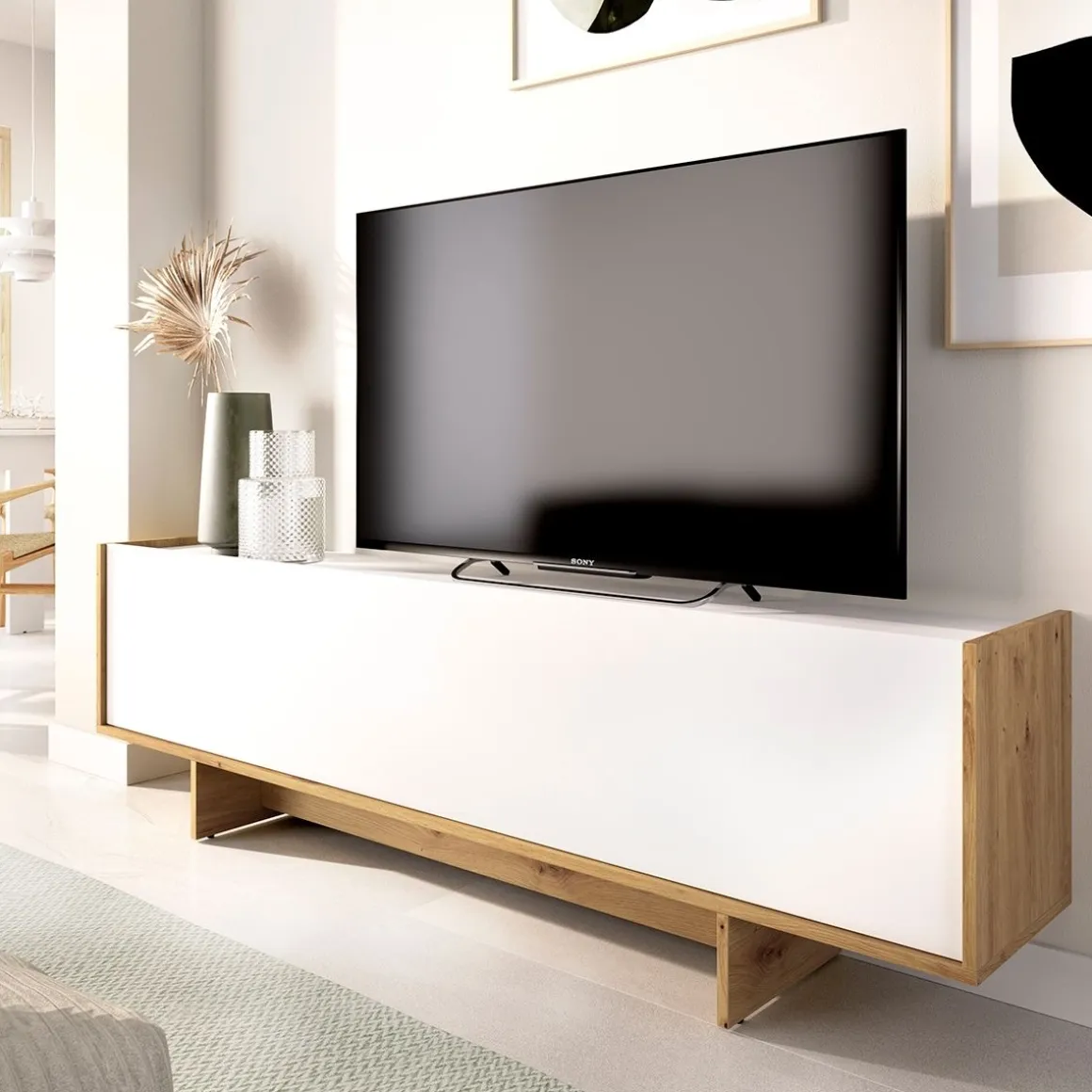 Mueble de TV Ka puerta abatible blanco/natural 49,6x150x30,3 cm