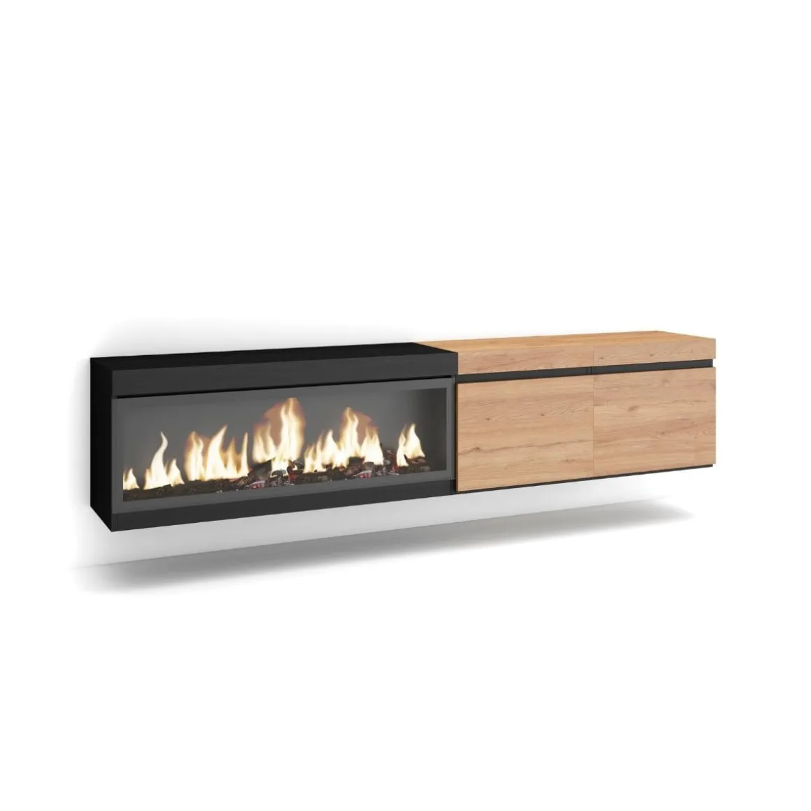 Mueble de TV Kroma diseño flotante dos puertas chimenea izquierda 45x208,2x34,6 cm