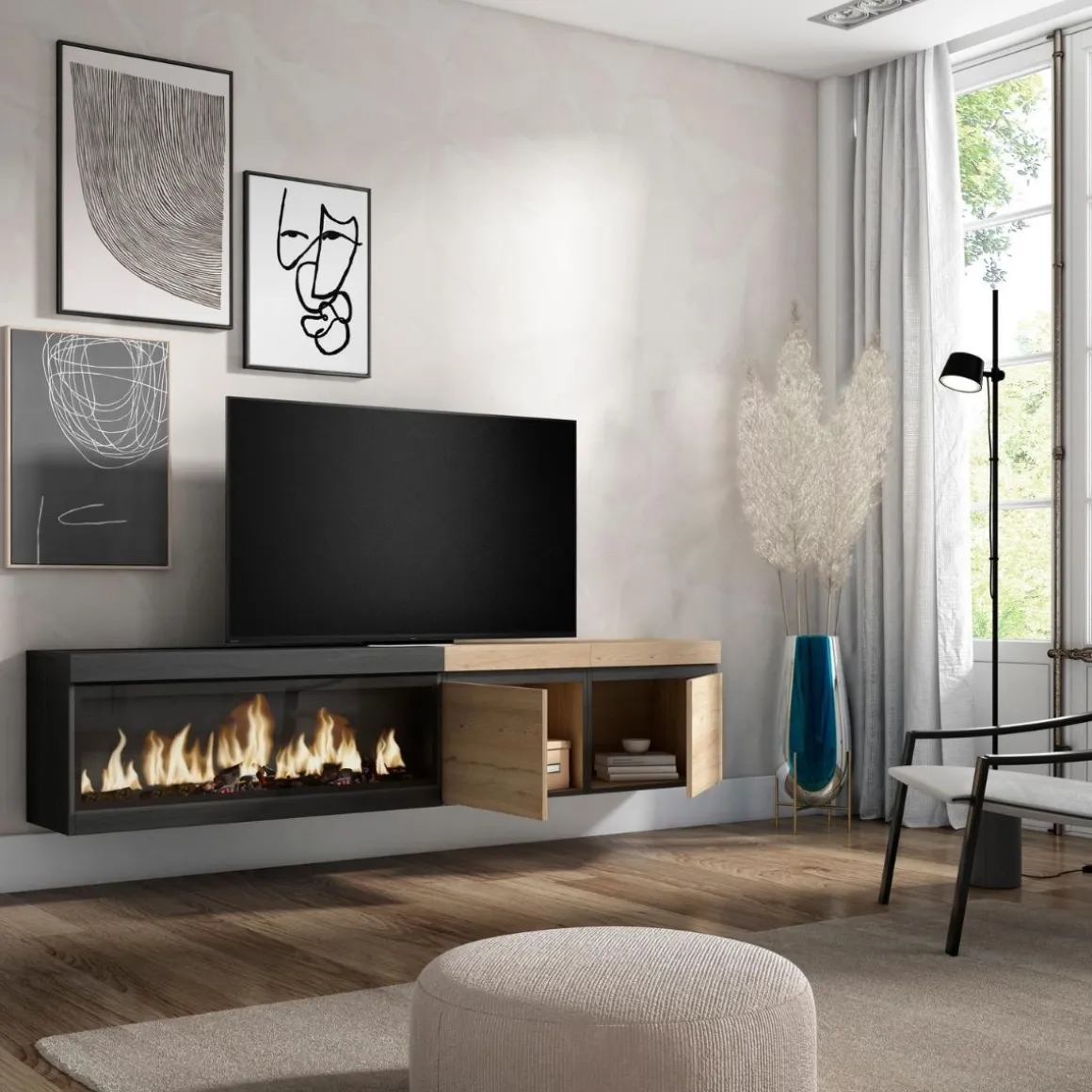 Mueble de TV Kroma diseño flotante dos puertas chimenea izquierda 45x208,2x34,6 cm