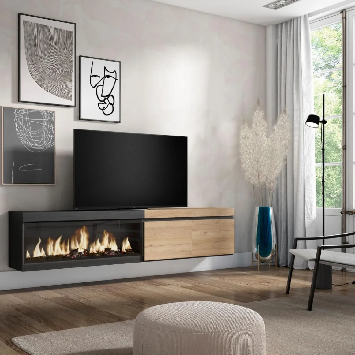 Mueble de TV Kroma diseño flotante dos puertas chimenea izquierda 45x208,2x34,6 cm