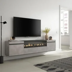 Mueble de TV Kroma diseño flotante con chimenea al centro 45x203x34,6 cm