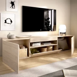 Mueble de TV Malmo 2 puertas con puerta abatible y compartimento natural 47,7x200x41,5 cm