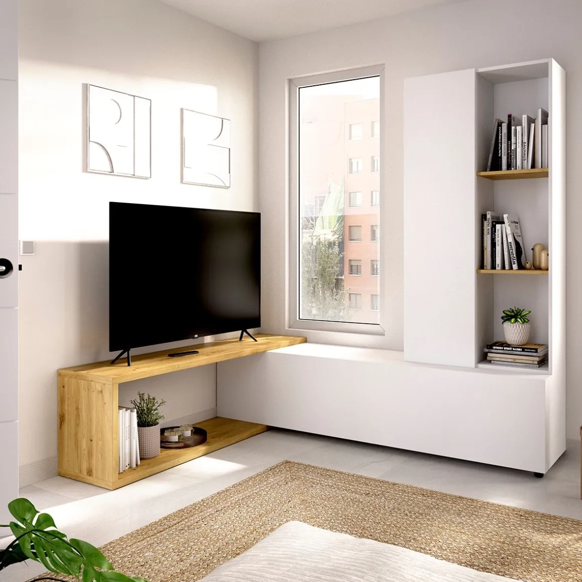 Mueble de TV Nilo diseño convertible blanco/natural
