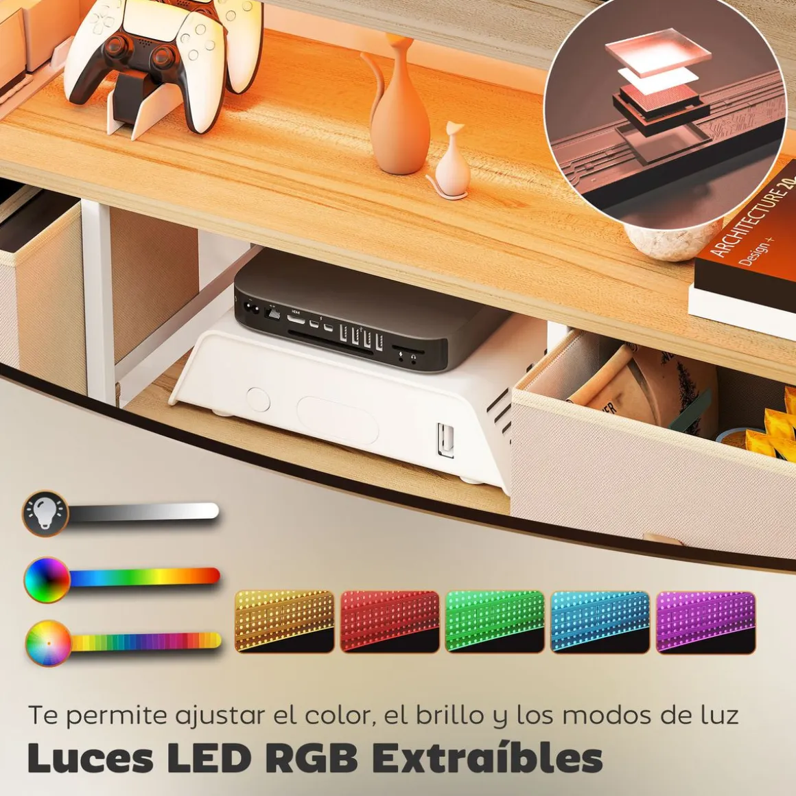 Mueble de TV Olvian Homcom 4 cajones con luz LED y puertos USB beige/blanco 67,5x120x30 cm