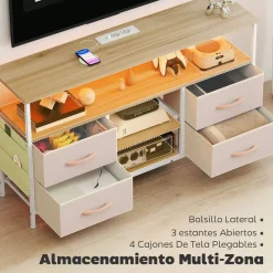 Mueble de TV Olvian Homcom 4 cajones con luz LED y puertos USB beige/blanco 67,5x120x30 cm