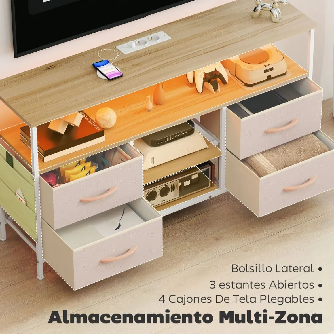 Mueble de TV Olvian Homcom 4 cajones con luz LED y puertos USB beige/blanco 67,5x120x30 cm