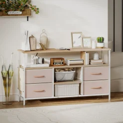 Mueble de TV Olvian Homcom 4 cajones con luz LED y puertos USB beige/blanco 67,5x120x30 cm