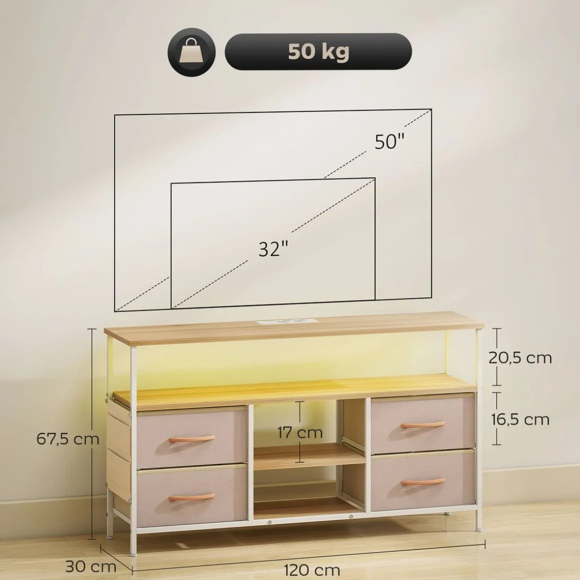 Mueble de TV Olvian Homcom 4 cajones con luz LED y puertos USB beige/blanco 67,5x120x30 cm