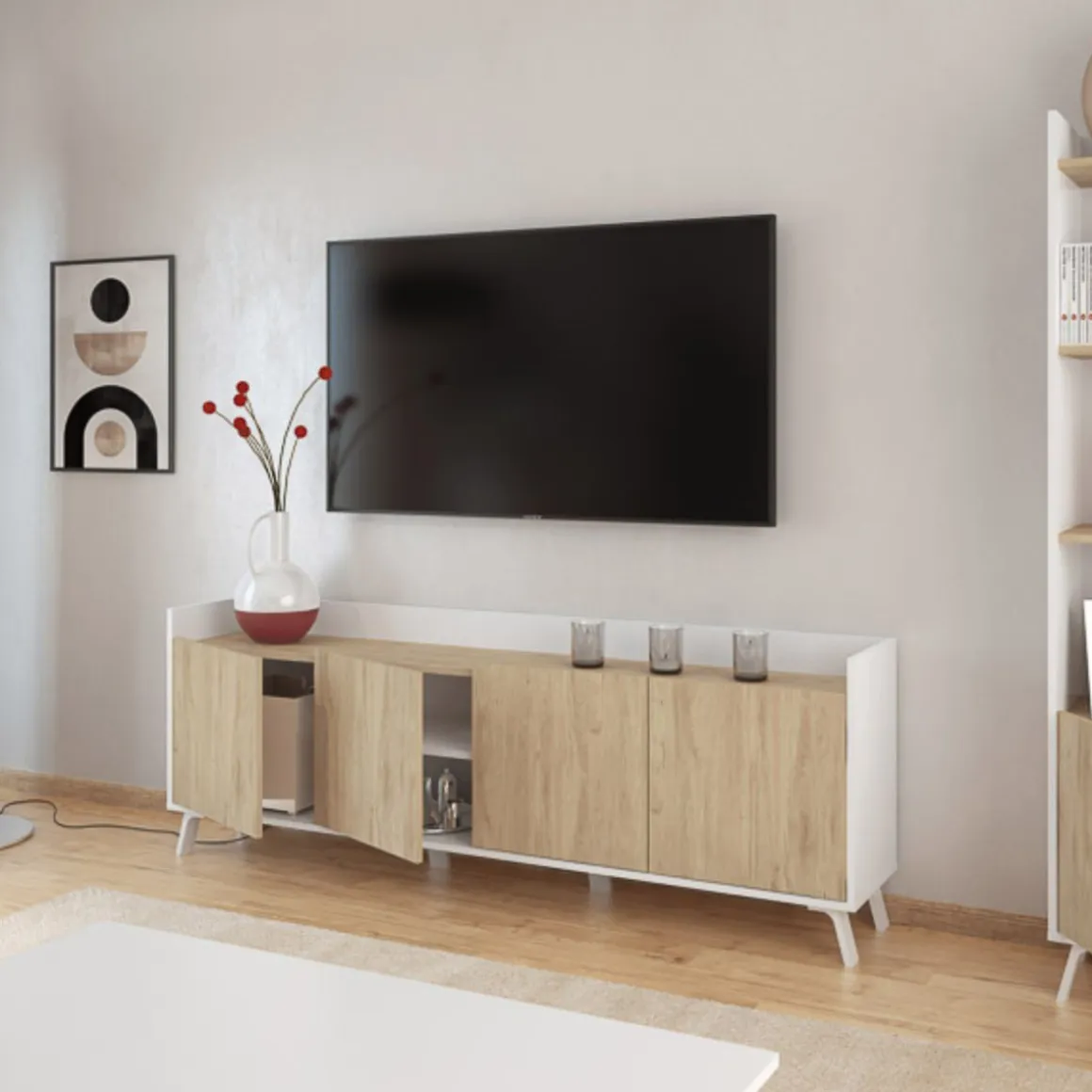 Mueble de TV Philip 4 puertas blanco/roble 63,4x180x33,5 cm