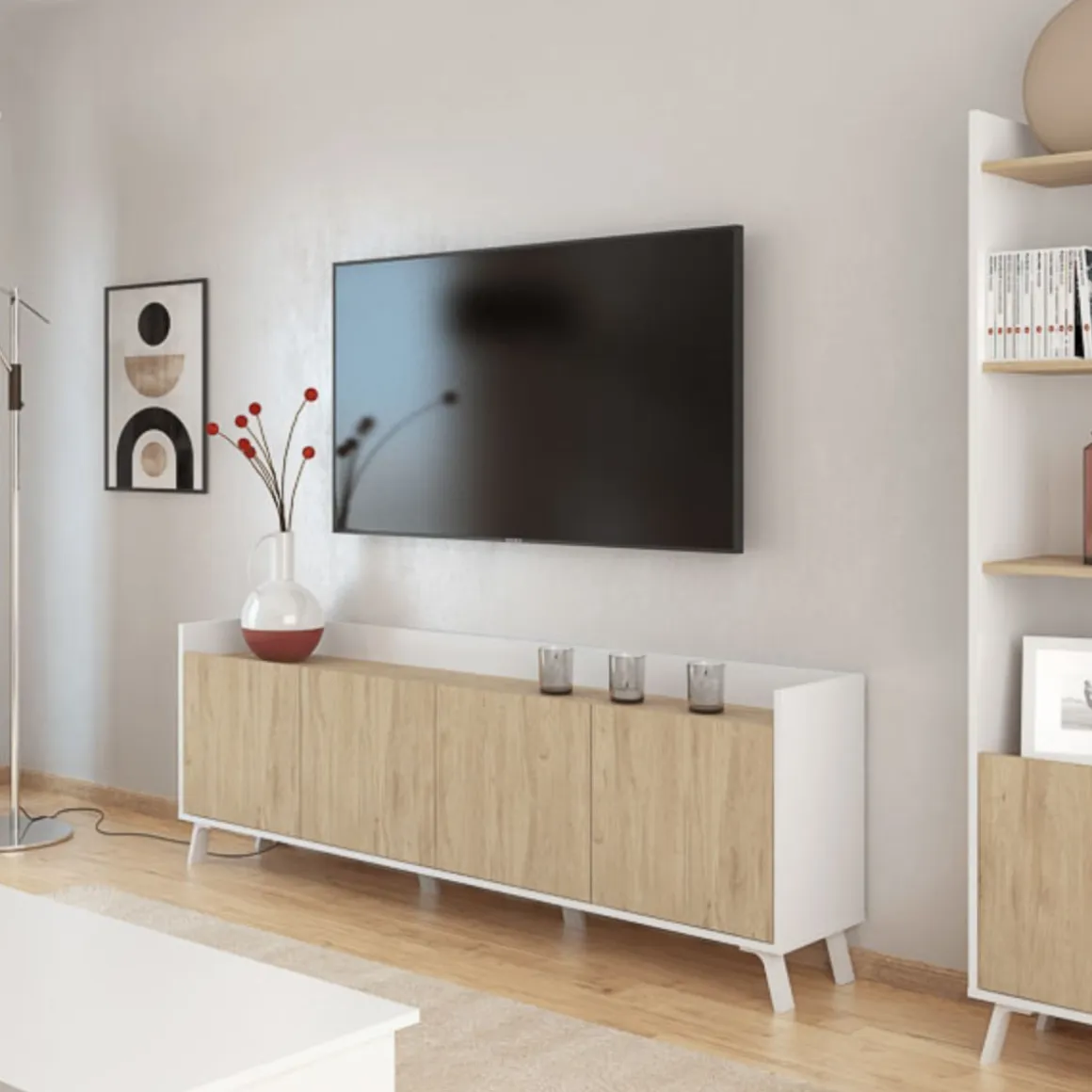 Mueble de TV Philip 4 puertas blanco/roble 63,4x180x33,5 cm