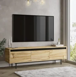 Mueble de TV Plateau 3 puertas abatibles natural/negro 45x160x35 cm