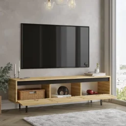 Mueble de TV Plateau 3 puertas abatibles natural/negro 45x160x35 cm