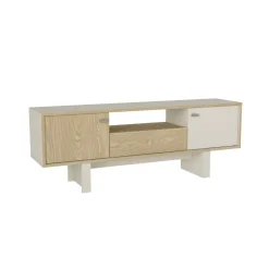 Mueble de TV Selinos 3 puertas y compartimento abierto blanco/natural 54x150x35 cm