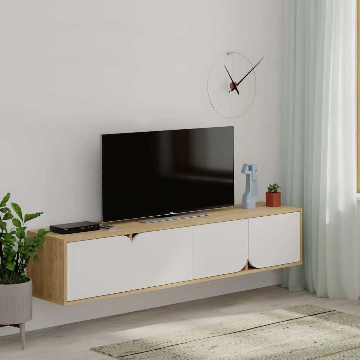 Mueble de TV Spark 4 compartimentos esquinas redondas blanco/natural 35x180x35 cm