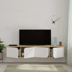 Mueble de TV Spark 4 compartimentos esquinas redondas blanco/natural 35x180x35 cm