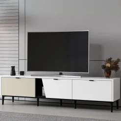 Mueble de TV Yelena 4 cajones con 2 puertas blanco/beige 90x180x45 cm