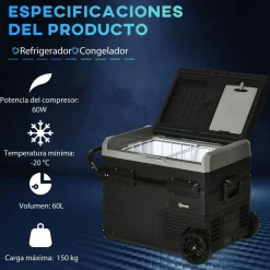 Nevera/congelador para coche Outsunny 60L pantalla LED negro 57,1x71,1x46 cm